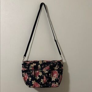Floral Crossbody Lunch Bag in Black with Pink Rose Print
